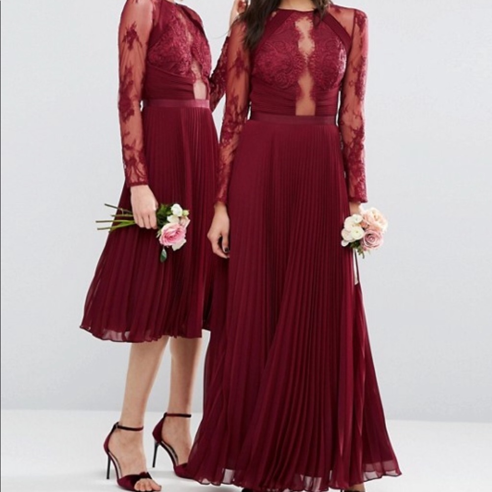 ASOS Lace Eyelash Long Sleeve Dress - Burgundy